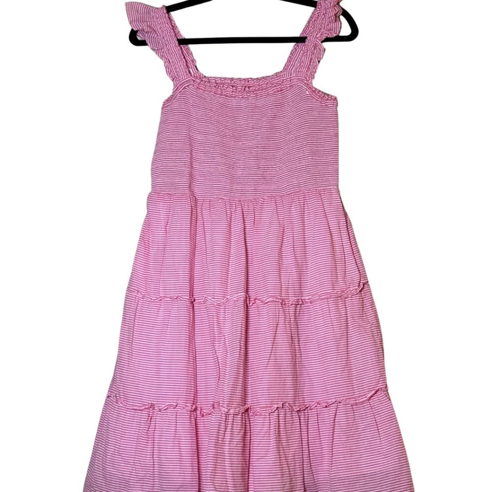 J. Crew EUC Seersucker Striped Smocked Lined Tiered Mini Dress sz M Wild Berry - Picture 3 of 4